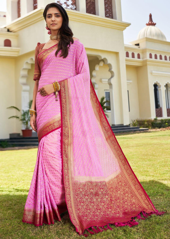 Rose Pink Zari Woven Georgette Saree with Contrast Blouse & Pallu - qivii