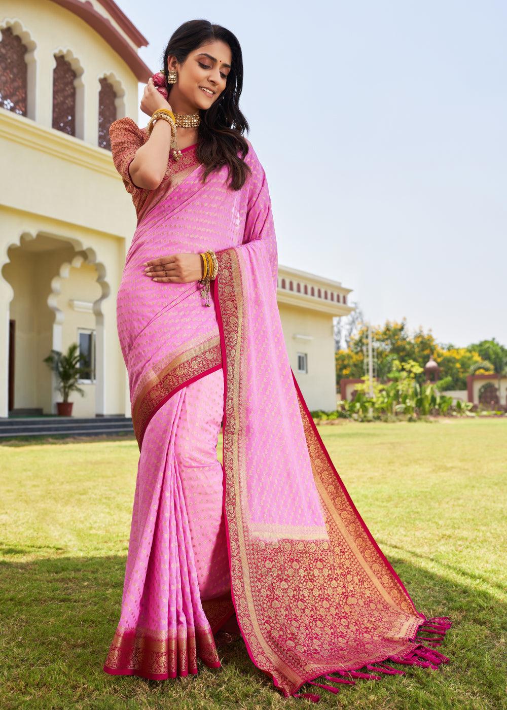 Rose Pink Zari Woven Georgette Saree with Contrast Blouse & Pallu - qivii