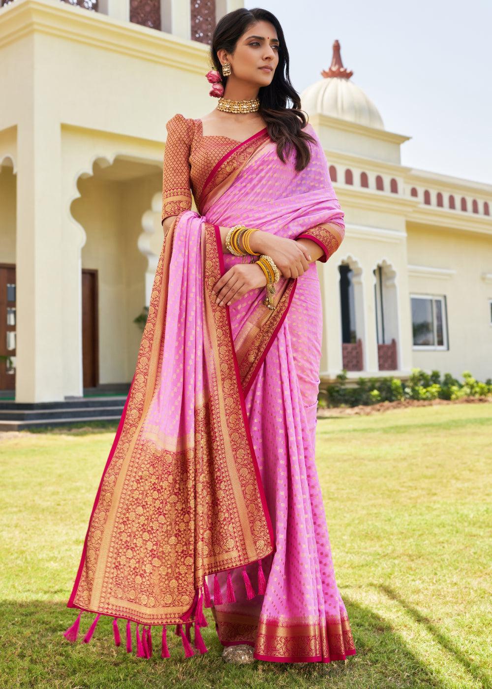 Rose Pink Zari Woven Georgette Saree with Contrast Blouse & Pallu - qivii