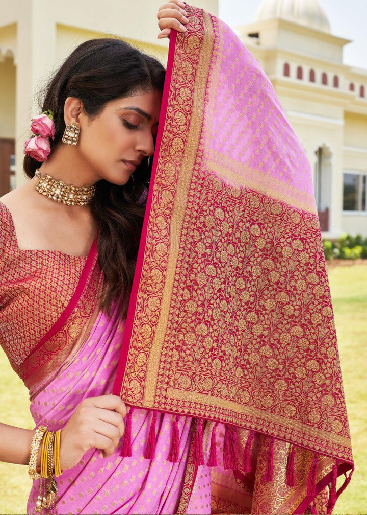 Rose Pink Zari Woven Georgette Saree with Contrast Blouse & Pallu - qivii