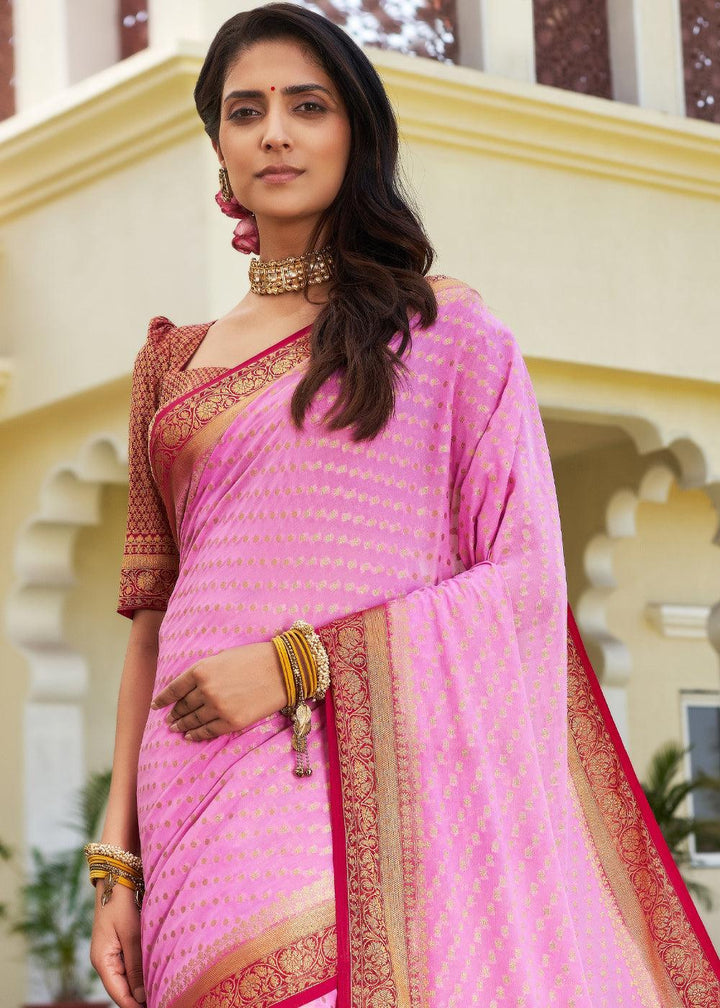 Rose Pink Zari Woven Georgette Saree with Contrast Blouse & Pallu - qivii