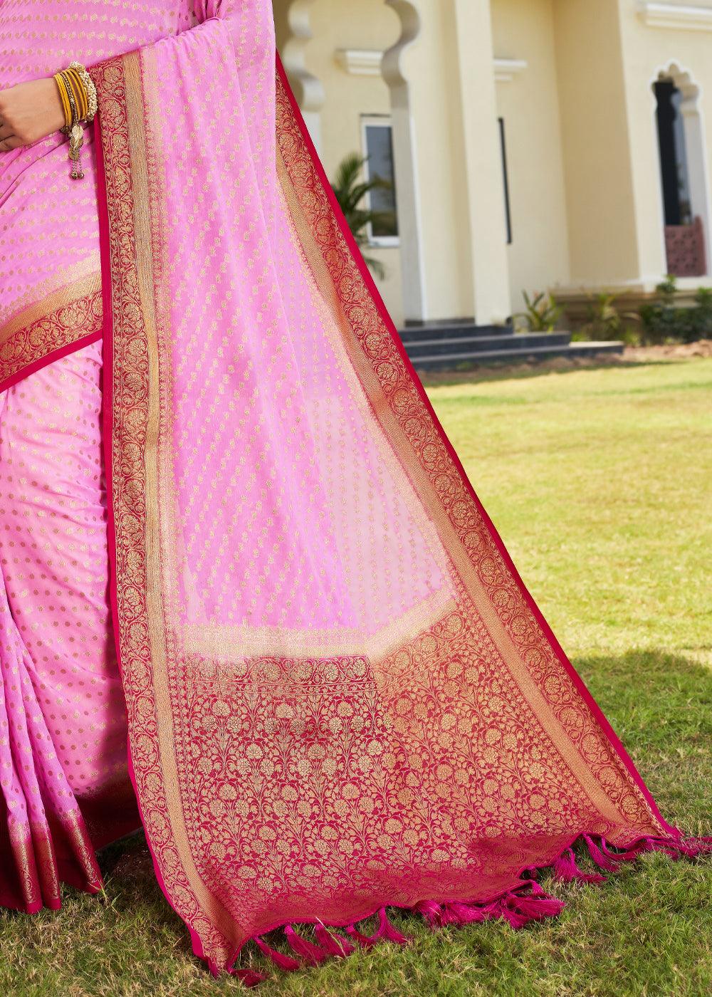 Rose Pink Zari Woven Georgette Saree with Contrast Blouse & Pallu - qivii