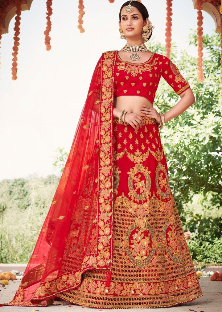 Rose Red Silk Bridal Lehenga Choli with Heavy Thread Embroidery and Stone work - qivii