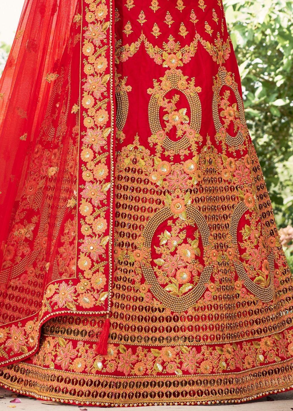 Rose Red Silk Bridal Lehenga Choli with Heavy Thread Embroidery and Stone work - qivii