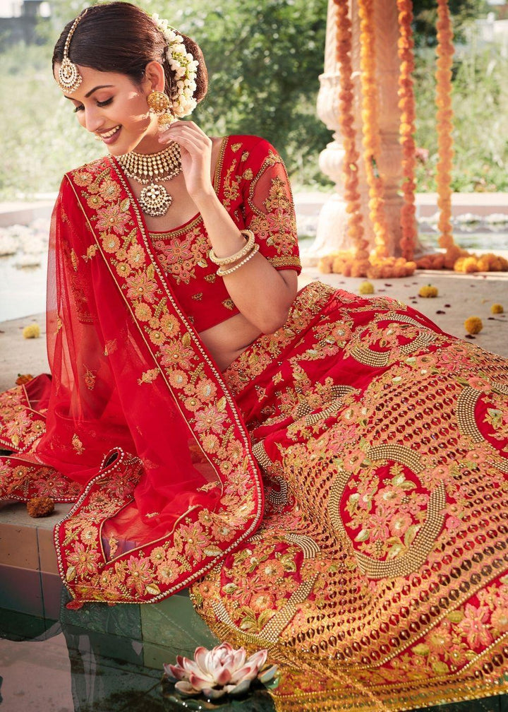 Rose Red Silk Bridal Lehenga Choli with Heavy Thread Embroidery and Stone work - qivii