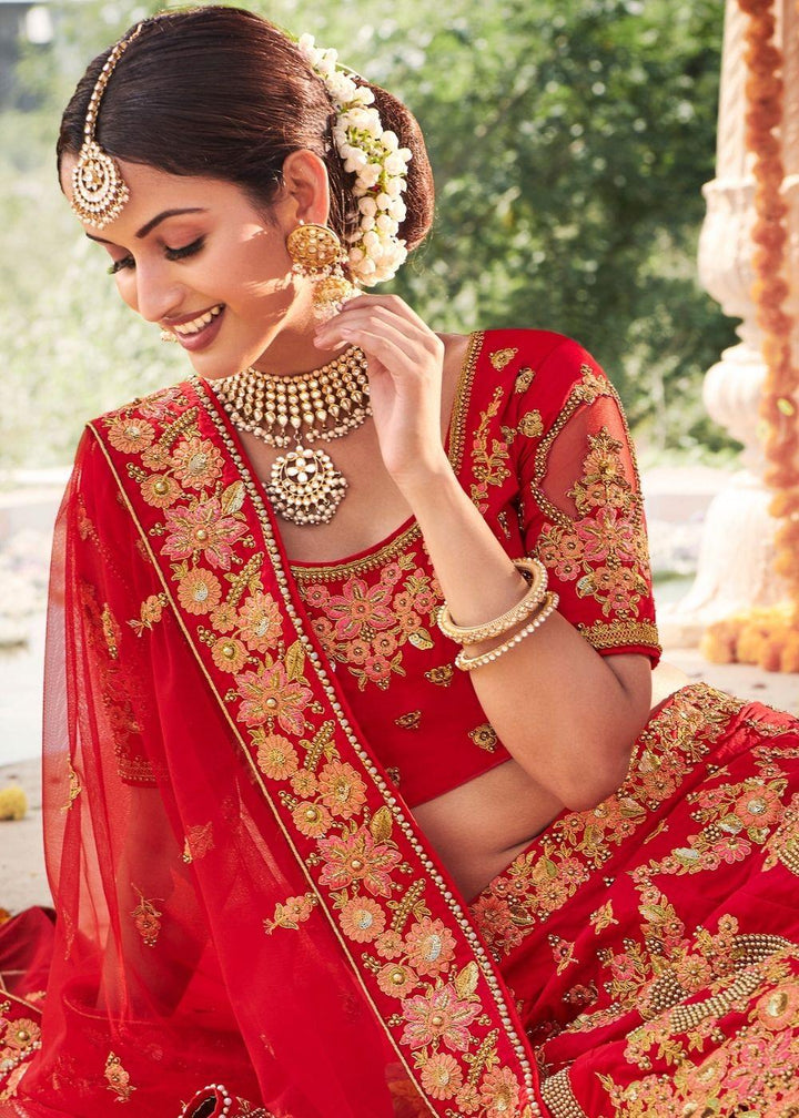 Rose Red Silk Bridal Lehenga Choli with Heavy Thread Embroidery and Stone work - qivii