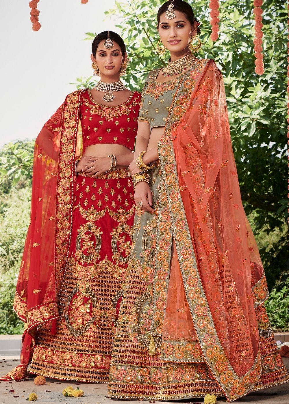 Rose Red Silk Bridal Lehenga Choli with Heavy Thread Embroidery and Stone work - qivii