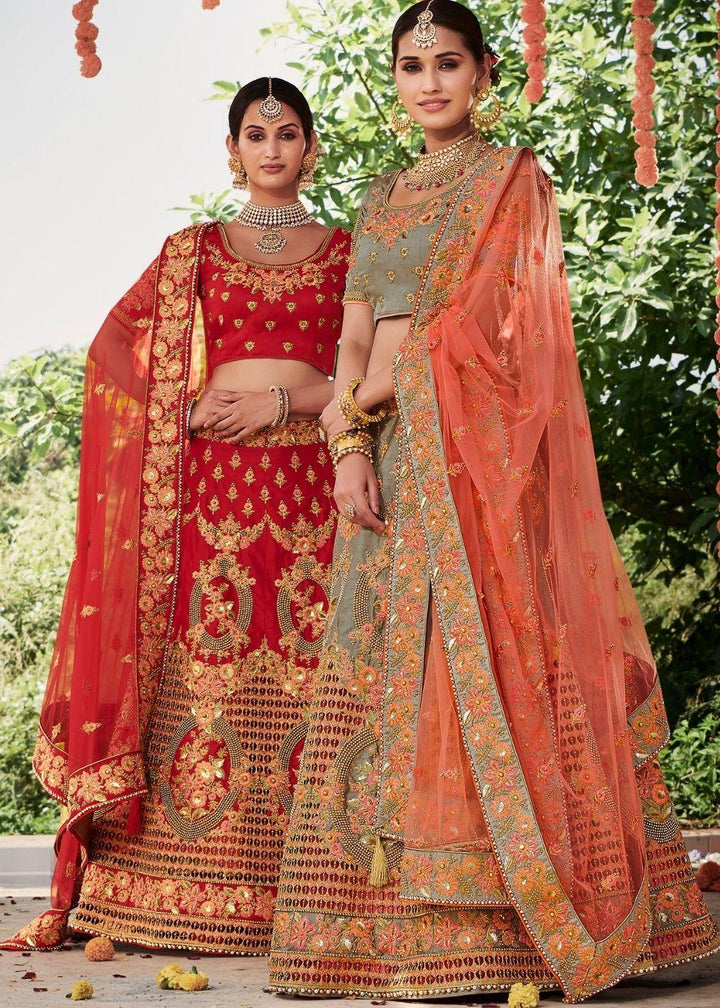 Rose Red Silk Bridal Lehenga Choli with Heavy Thread Embroidery and Stone work - qivii