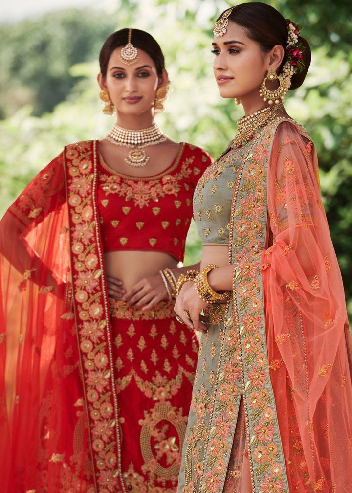 Rose Red Silk Bridal Lehenga Choli with Heavy Thread Embroidery and Stone work - qivii