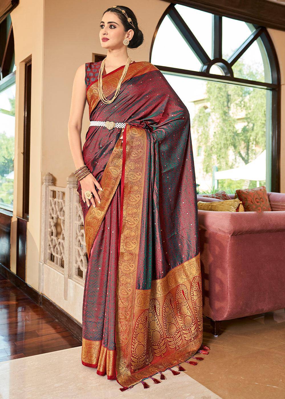 Rose Red Woven Two Tone Soft Silk Saree | Stitched Blouse - qivii