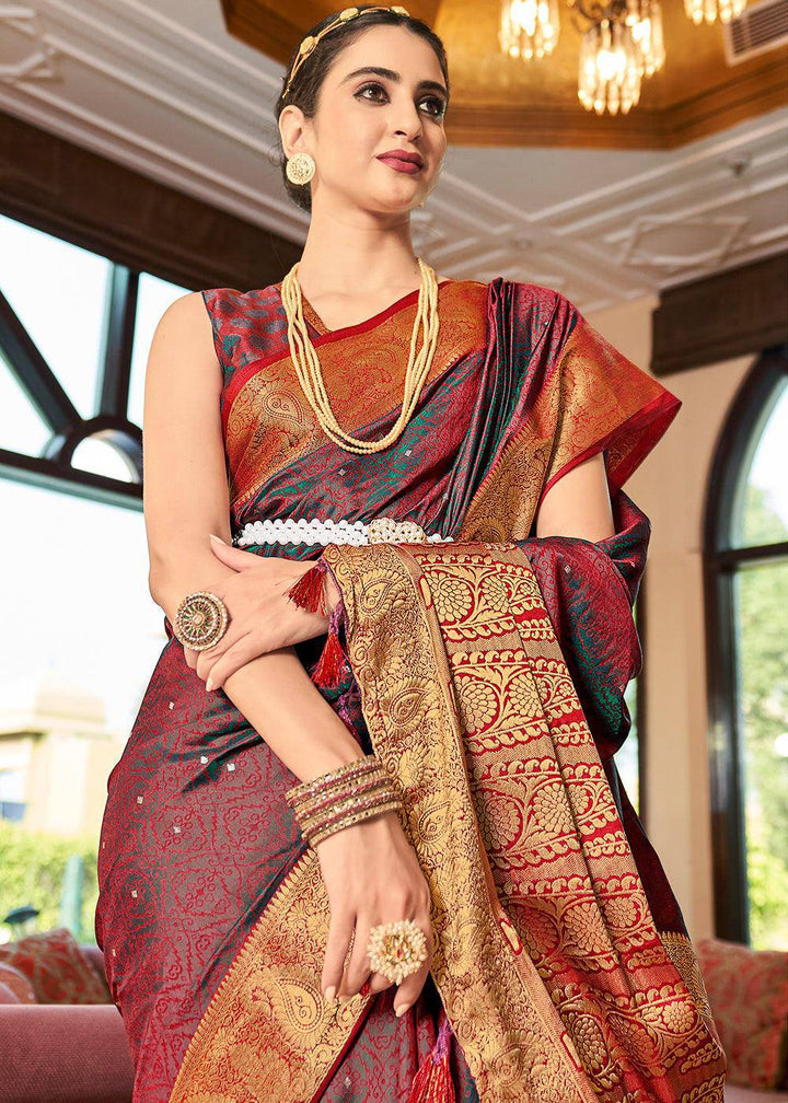 Rose Red Woven Two Tone Soft Silk Saree | Stitched Blouse - qivii