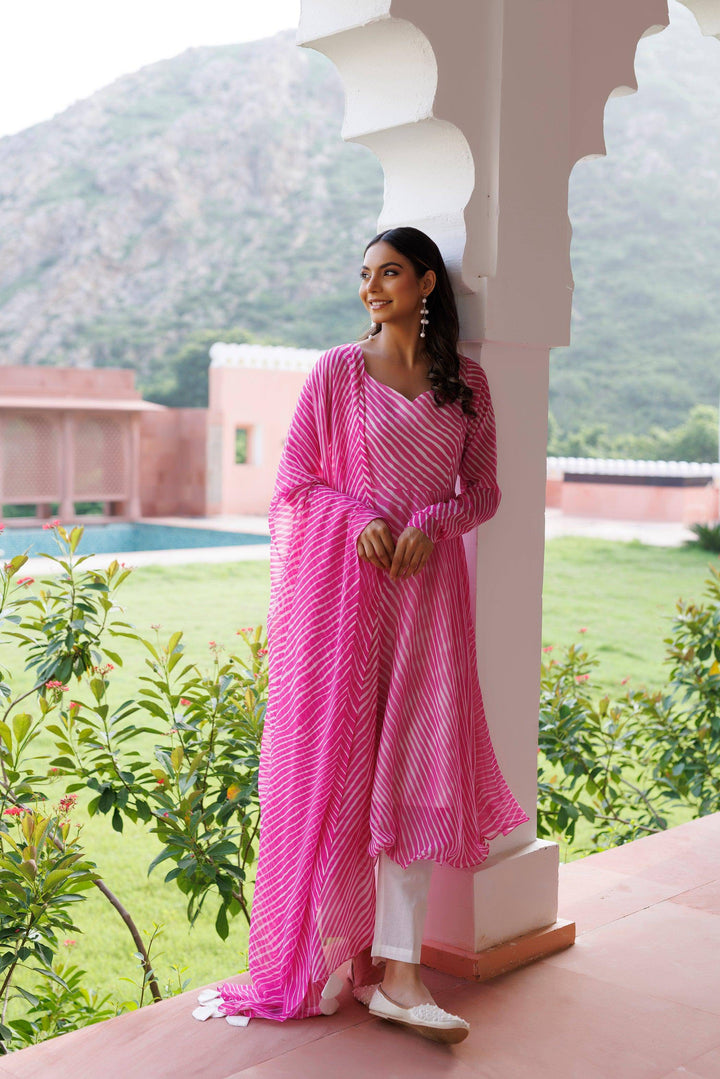 Rosebloom Leheriya Pink Kurta Set - qivii