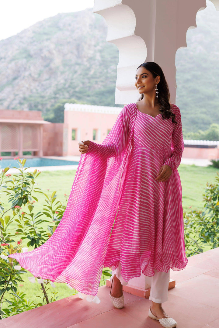 Rosebloom Leheriya Pink Kurta Set - qivii