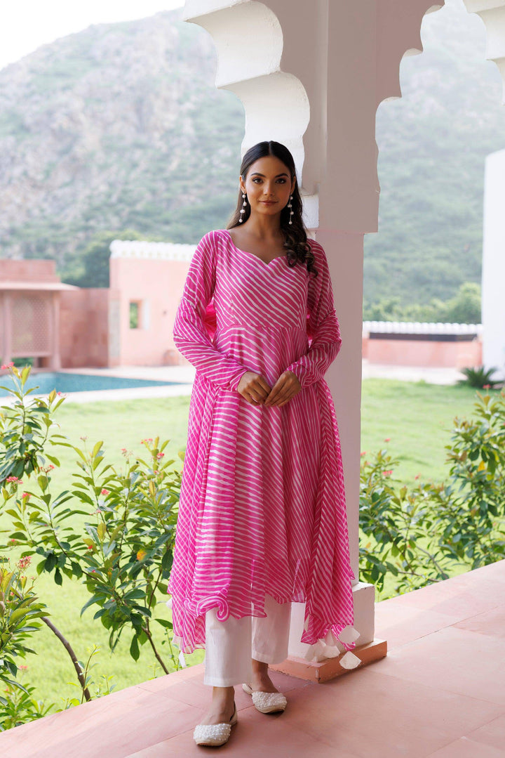 Rosebloom Leheriya Pink Kurta Set - qivii