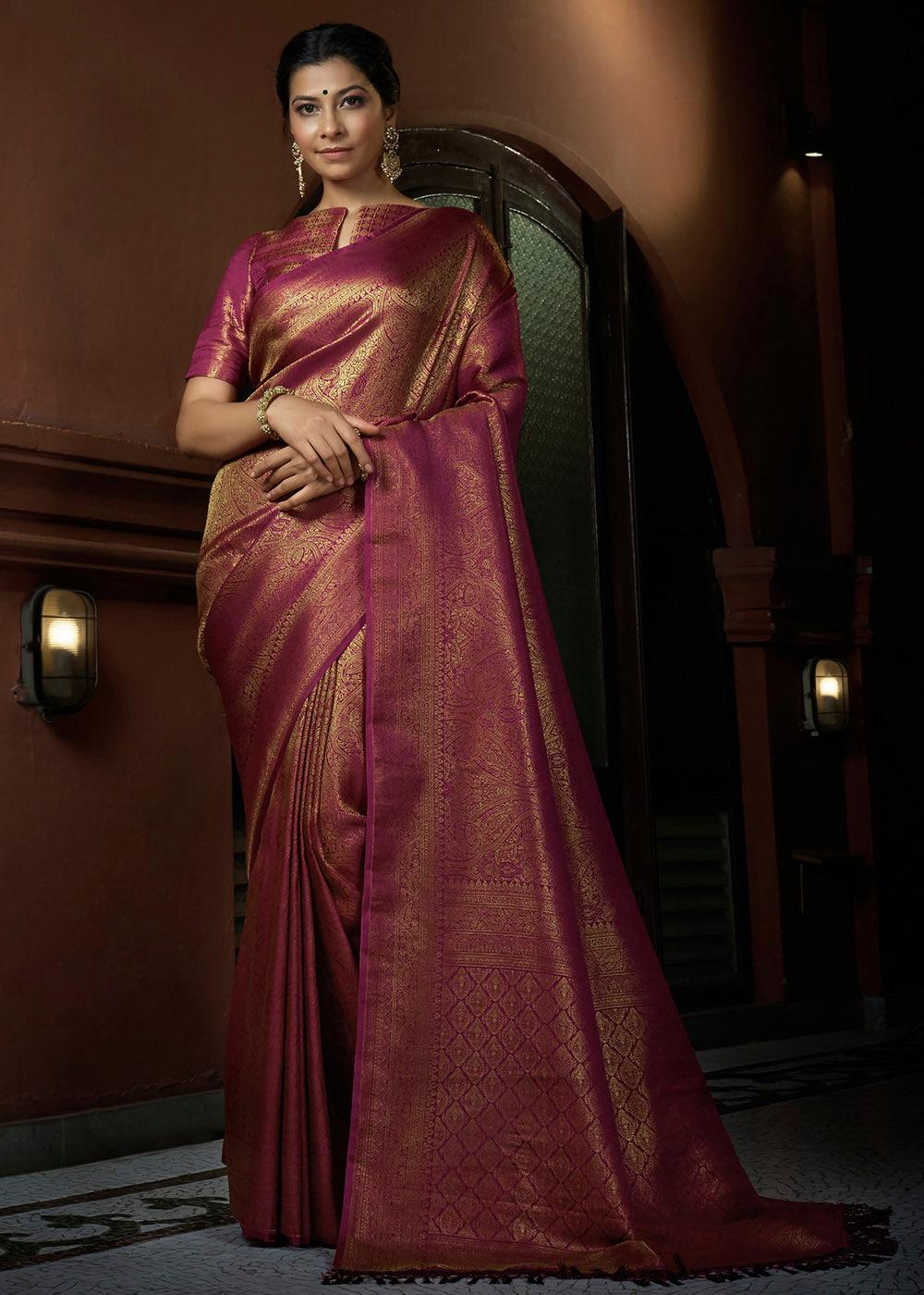 Rosy Magenta Pink & Golden Blend Woven Kanjivaram Silk Saree - qivii