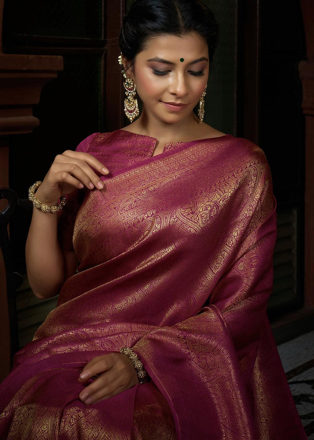 Rosy Magenta Pink & Golden Blend Woven Kanjivaram Silk Saree - qivii