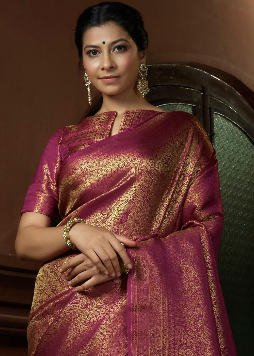 Rosy Magenta Pink & Golden Blend Woven Kanjivaram Silk Saree - qivii