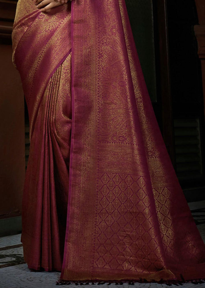 Rosy Magenta Pink & Golden Blend Woven Kanjivaram Silk Saree - qivii