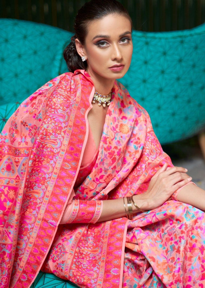 Rouge Pink Banarasi Jamawar Woven Silk Saree : Top Pick | Stitched Blouse - qivii