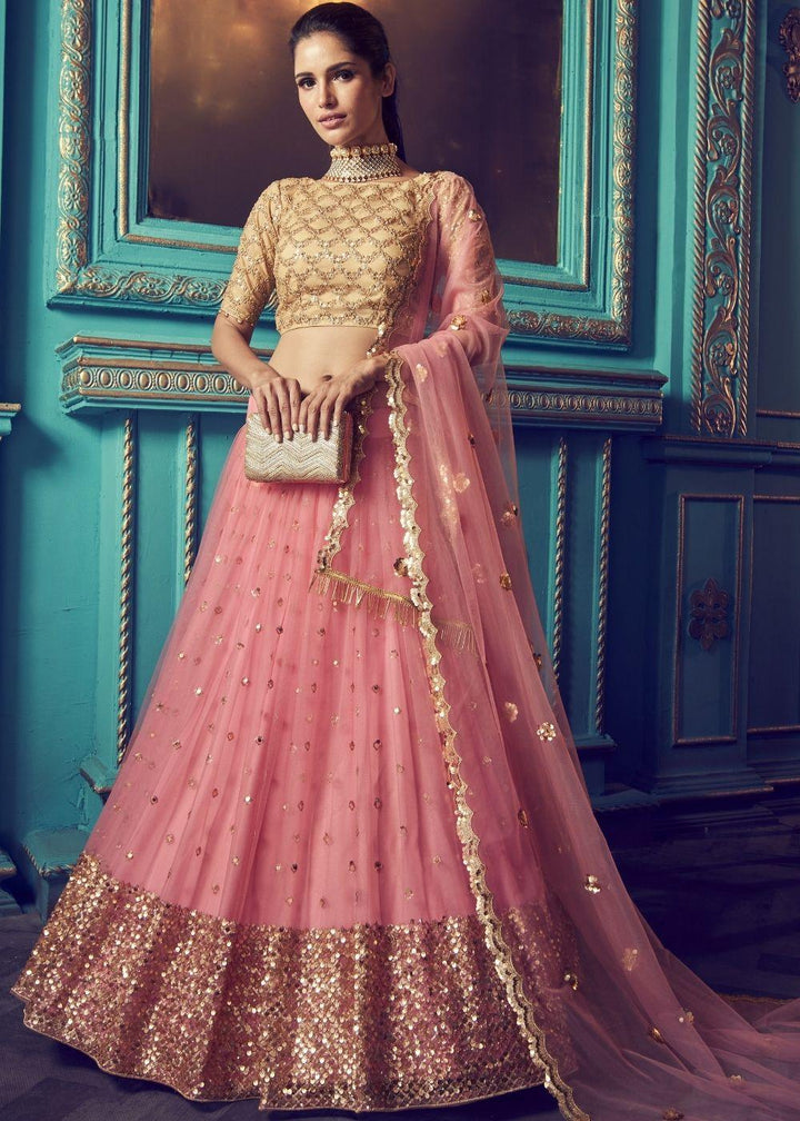 Rouge Pink Designer Soft Net Lehenga Choli with Sequin and Dori work - qivii