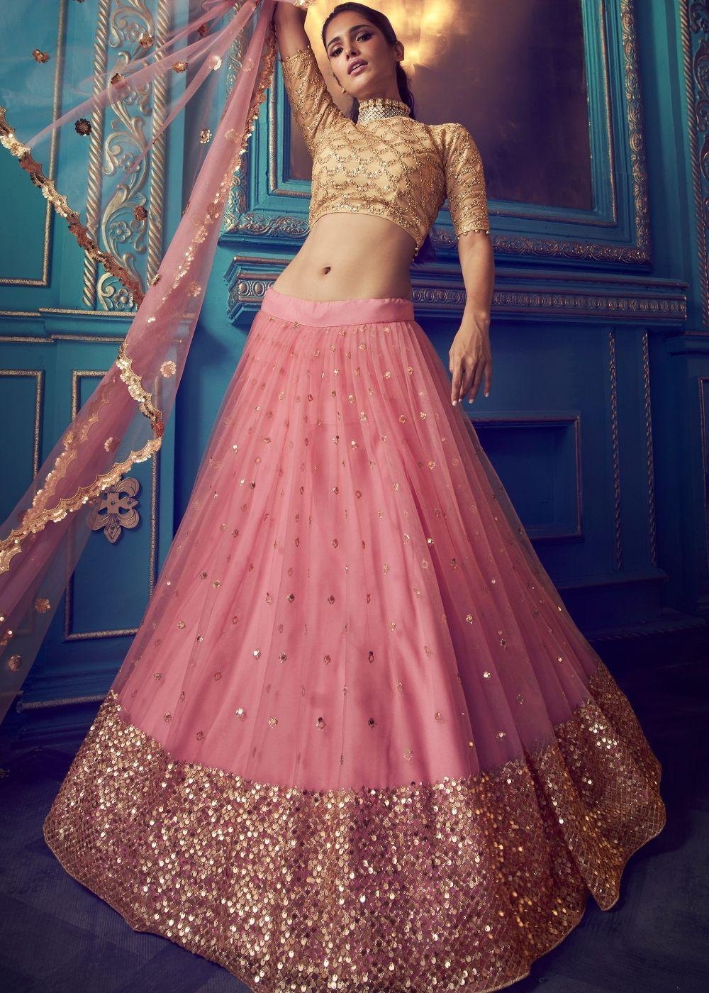 Rouge Pink Designer Soft Net Lehenga Choli with Sequin and Dori work - qivii