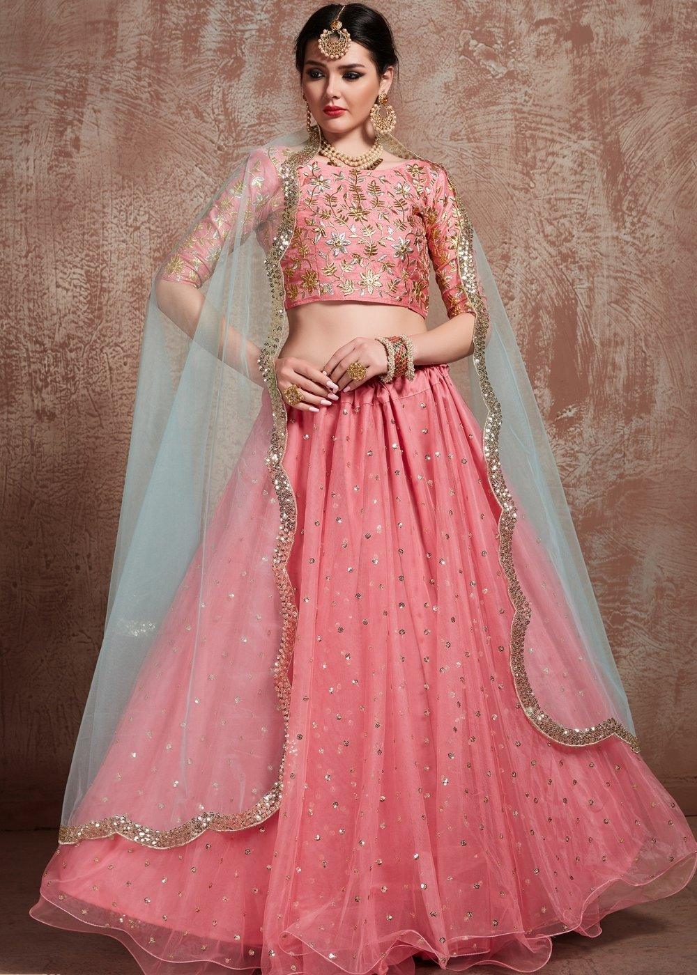 Rouge Pink Designer Soft Net Lehenga with Sequins & Zari work - qivii