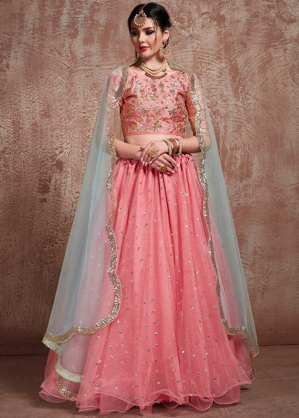 Rouge Pink Designer Soft Net Lehenga with Sequins & Zari work - qivii