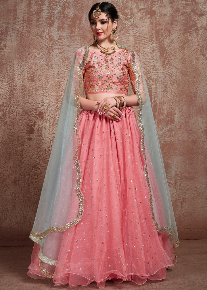 Rouge Pink Designer Soft Net Lehenga with Sequins & Zari work - qivii