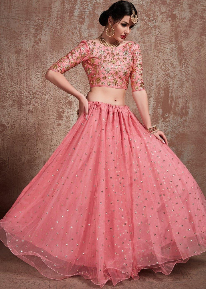 Rouge Pink Designer Soft Net Lehenga with Sequins & Zari work - qivii