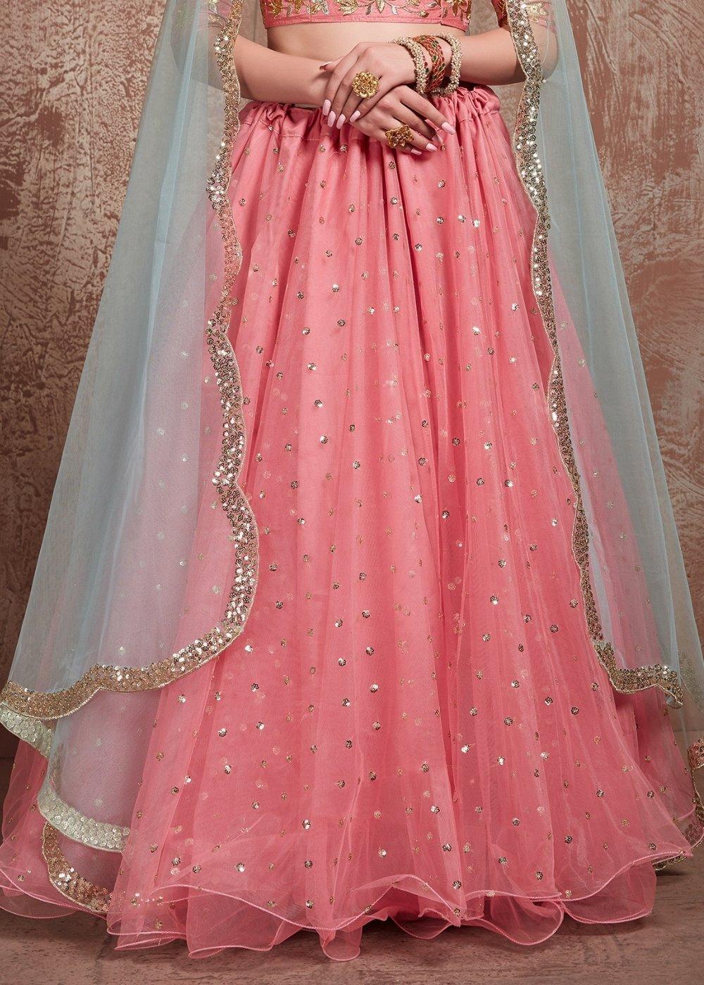 Rouge Pink Designer Soft Net Lehenga with Sequins & Zari work - qivii