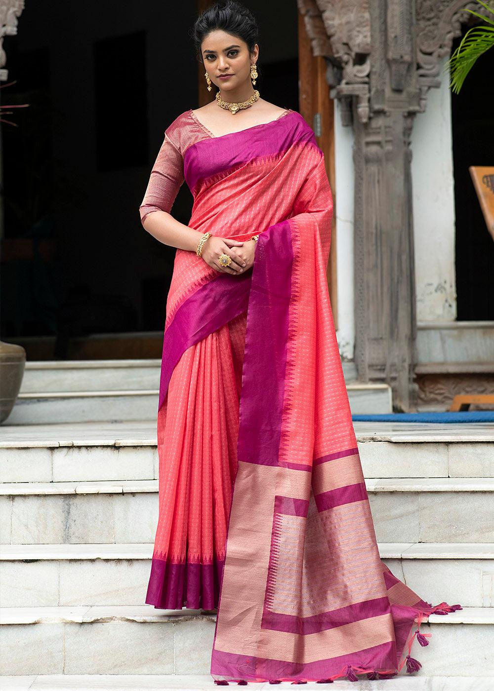 Rouge Pink Designer Woven South Silk Saree | Stitched Blouse - qivii