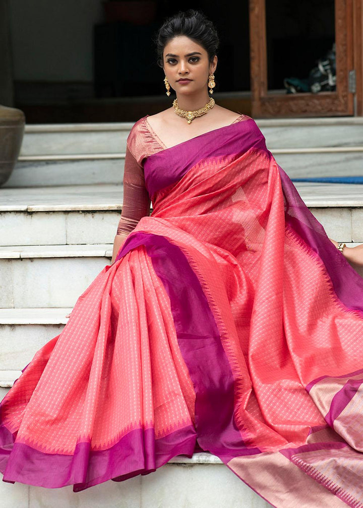 Rouge Pink Designer Woven South Silk Saree | Stitched Blouse - qivii