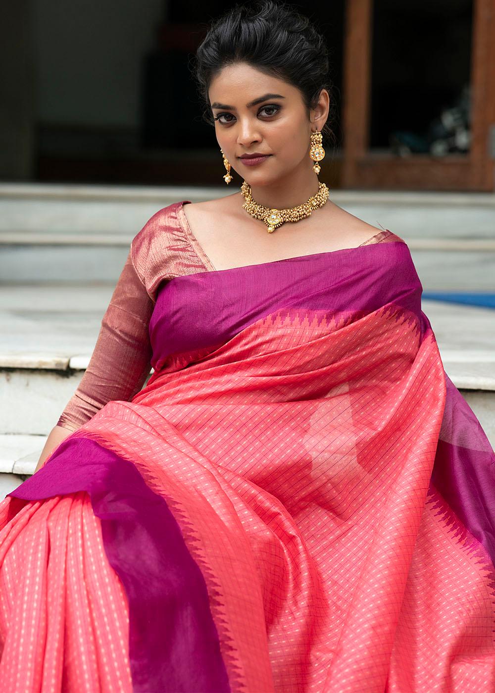 Rouge Pink Designer Woven South Silk Saree | Stitched Blouse - qivii