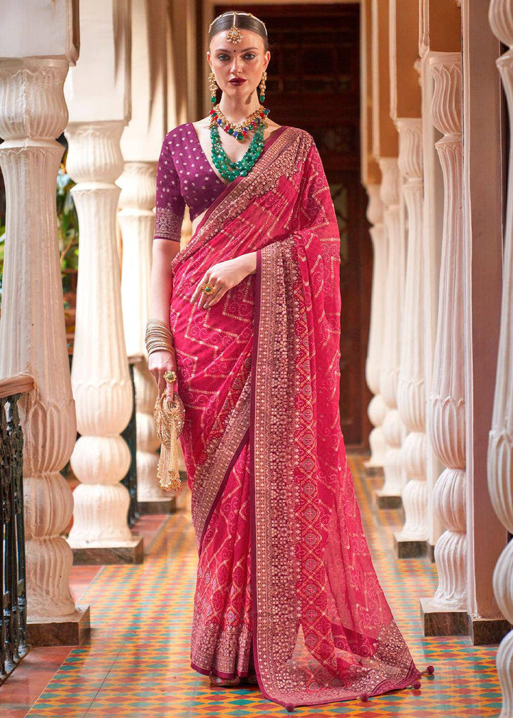 Rouge Pink Leheriya Printed Georgette Saree | Stitched Blouse - qivii