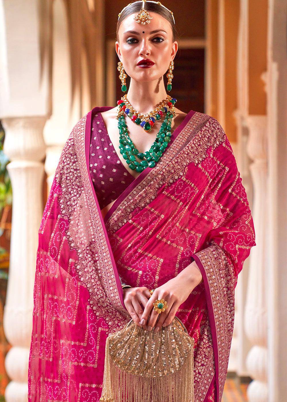 Rouge Pink Leheriya Printed Georgette Saree | Stitched Blouse - qivii