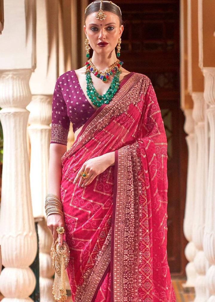 Rouge Pink Leheriya Printed Georgette Saree | Stitched Blouse - qivii