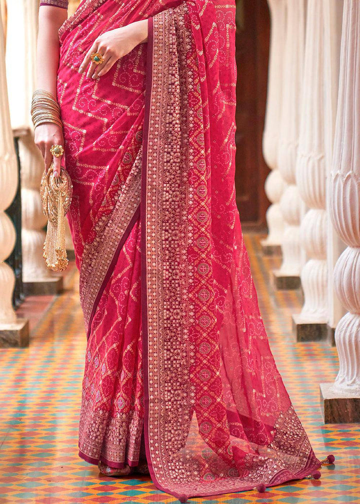 Rouge Pink Leheriya Printed Georgette Saree | Stitched Blouse - qivii