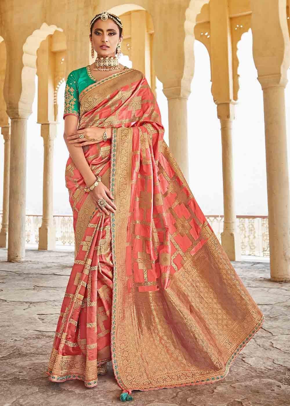 Rouge Pink Woven Banarasi Silk Saree with Embroidered Blouse | Stitched Blouse - qivii