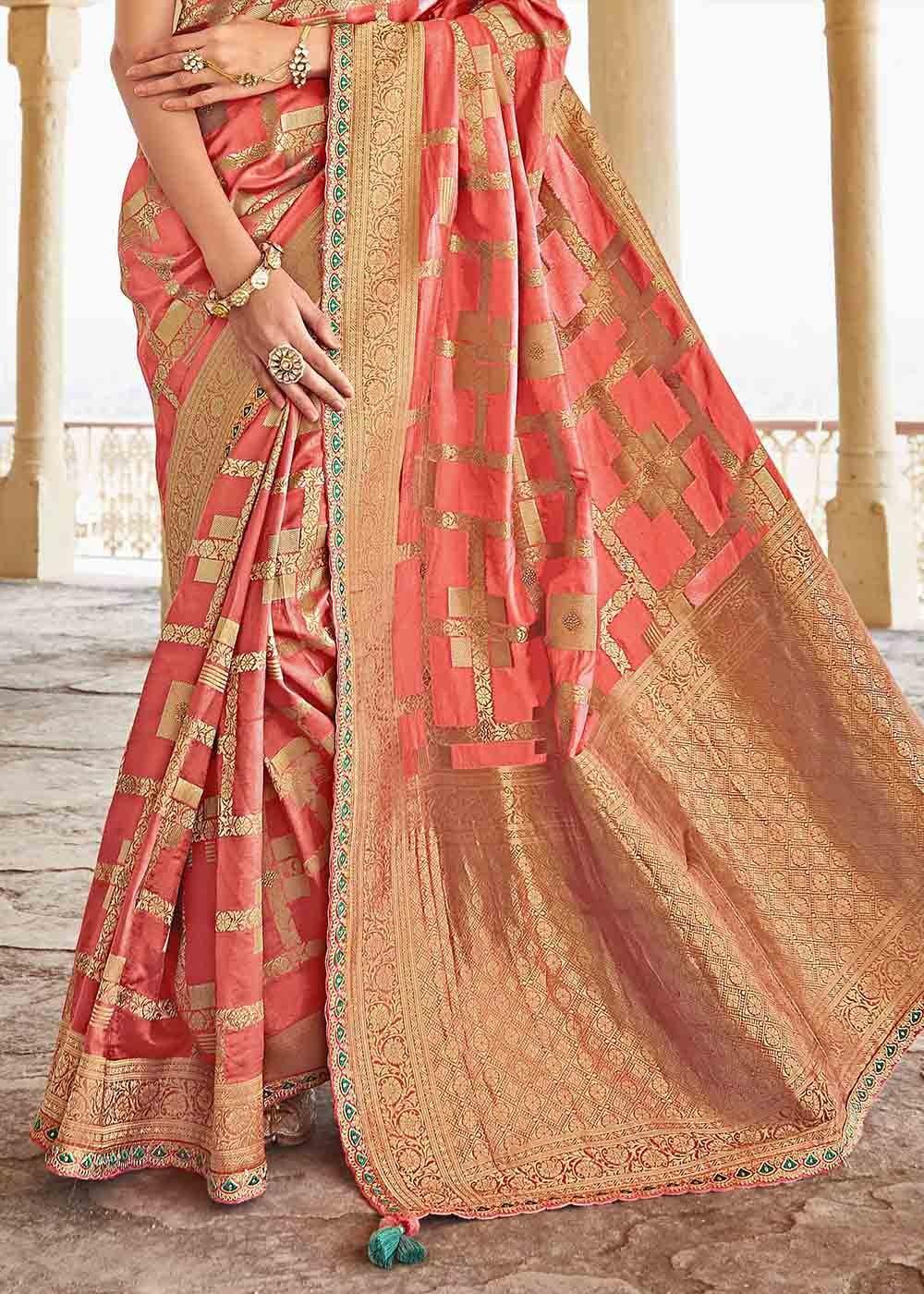 Rouge Pink Woven Banarasi Silk Saree with Embroidered Blouse | Stitched Blouse - qivii