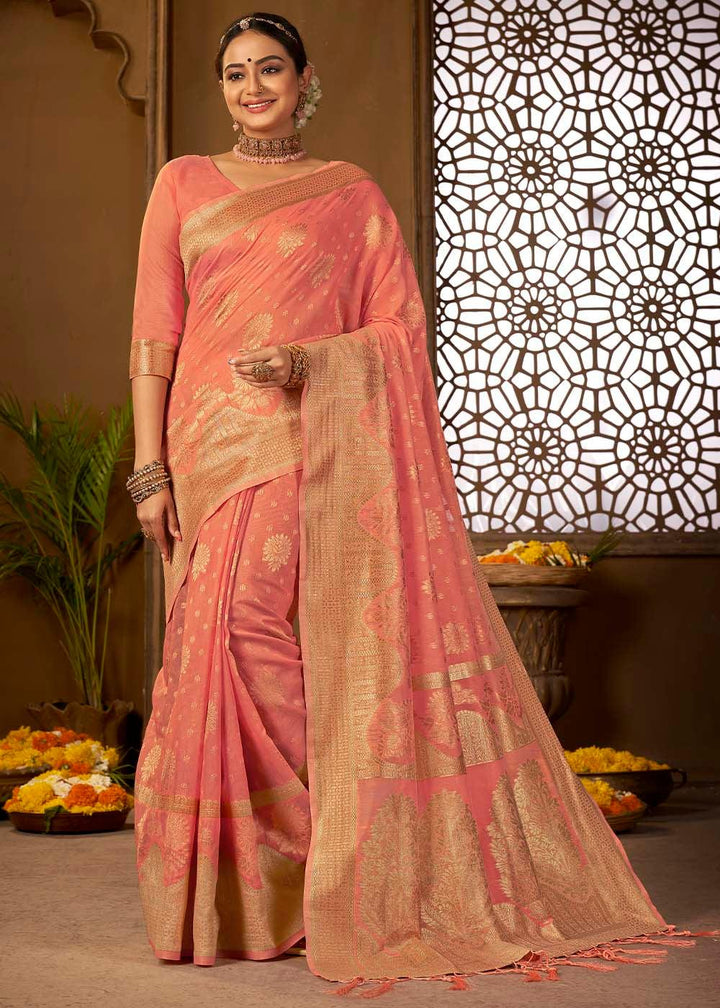 Rouge Pink Woven Cotton Silk Saree | Stitched Blouse - qivii