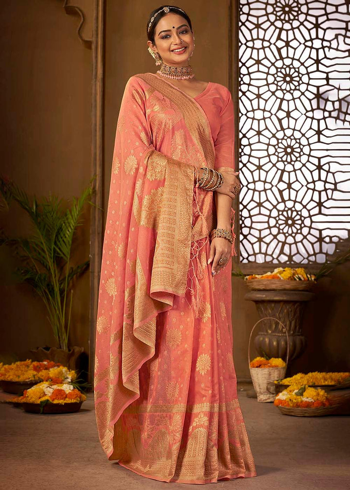 Rouge Pink Woven Cotton Silk Saree | Stitched Blouse - qivii