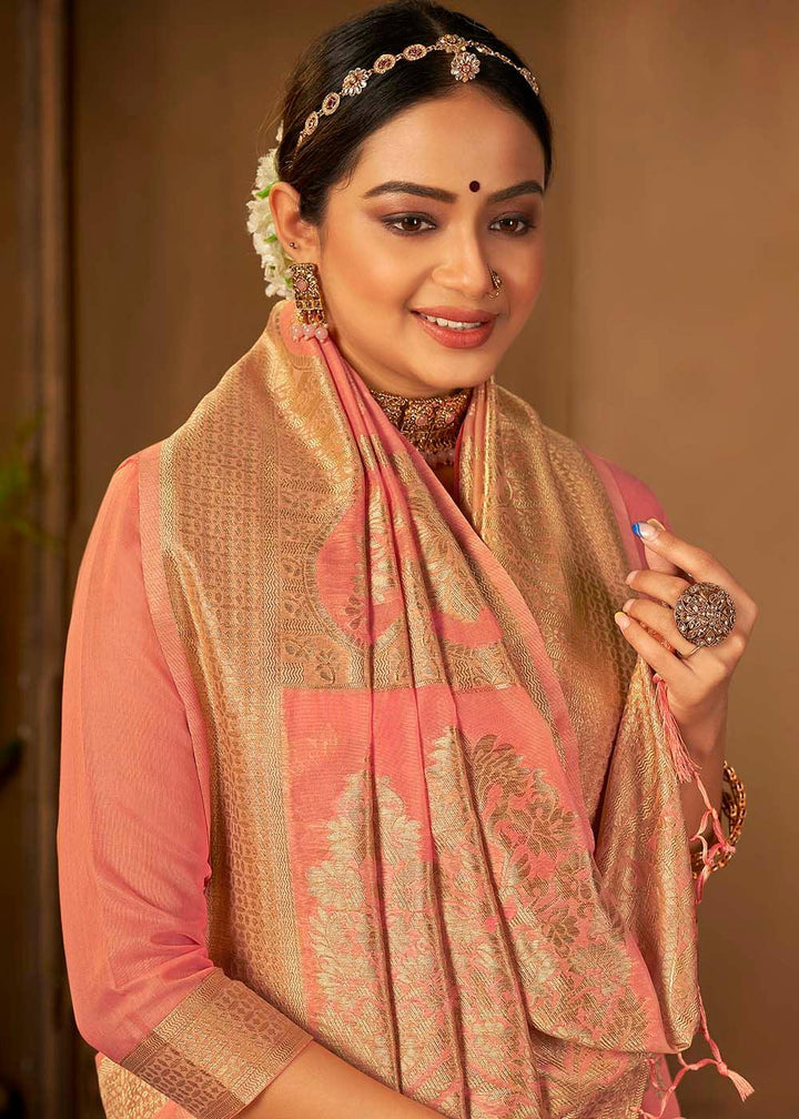 Rouge Pink Woven Cotton Silk Saree | Stitched Blouse - qivii