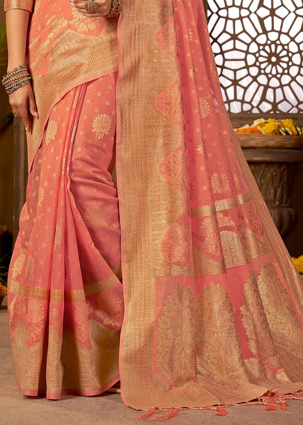 Rouge Pink Woven Cotton Silk Saree | Stitched Blouse - qivii