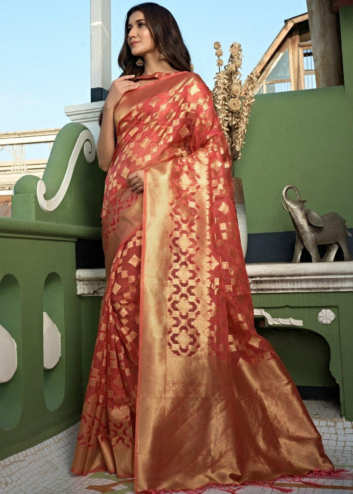 Rouge Pink Zari Woven Organza Silk Saree | Stitched Blouse - qivii