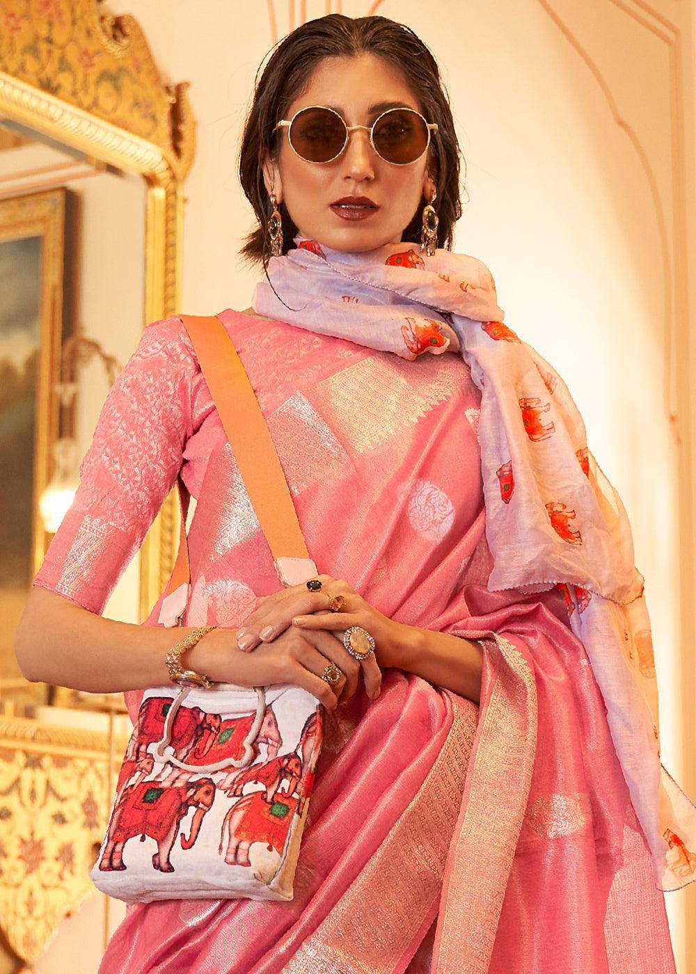 Rouge Pink Zari Woven Soft Tissue Silk Saree | Stitched Blouse - qivii