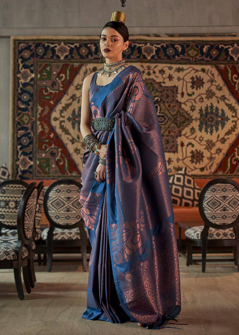 Royal Blue Copper Zari Handloom Weaving Silk Saree | Stitched Blouse - qivii