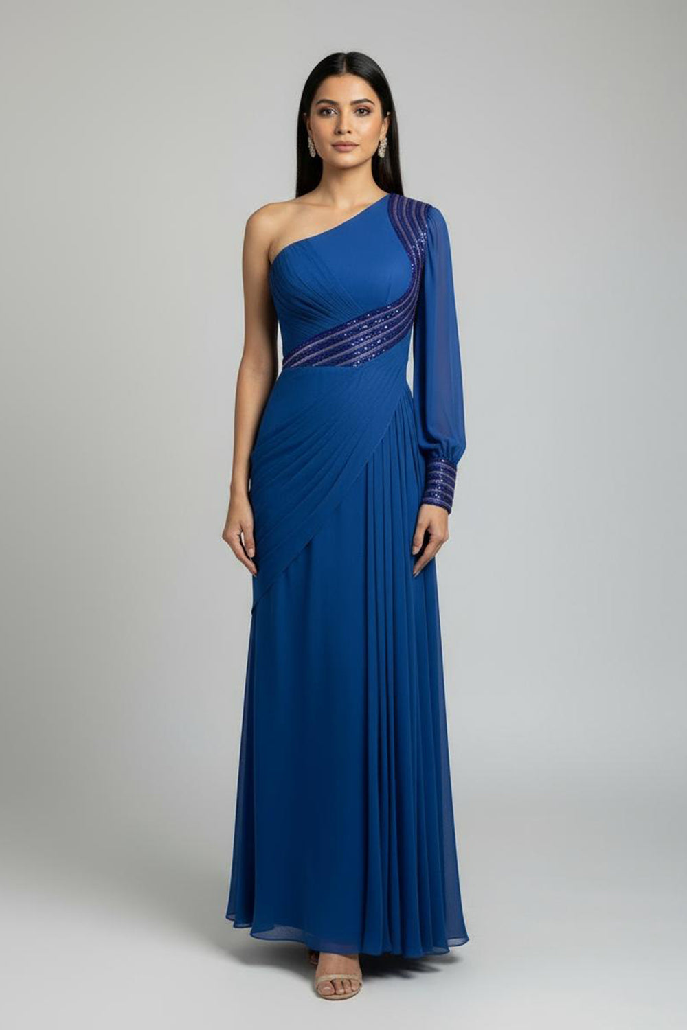 Royal Blue Embellished One Sleeve Gown with Drape Detail