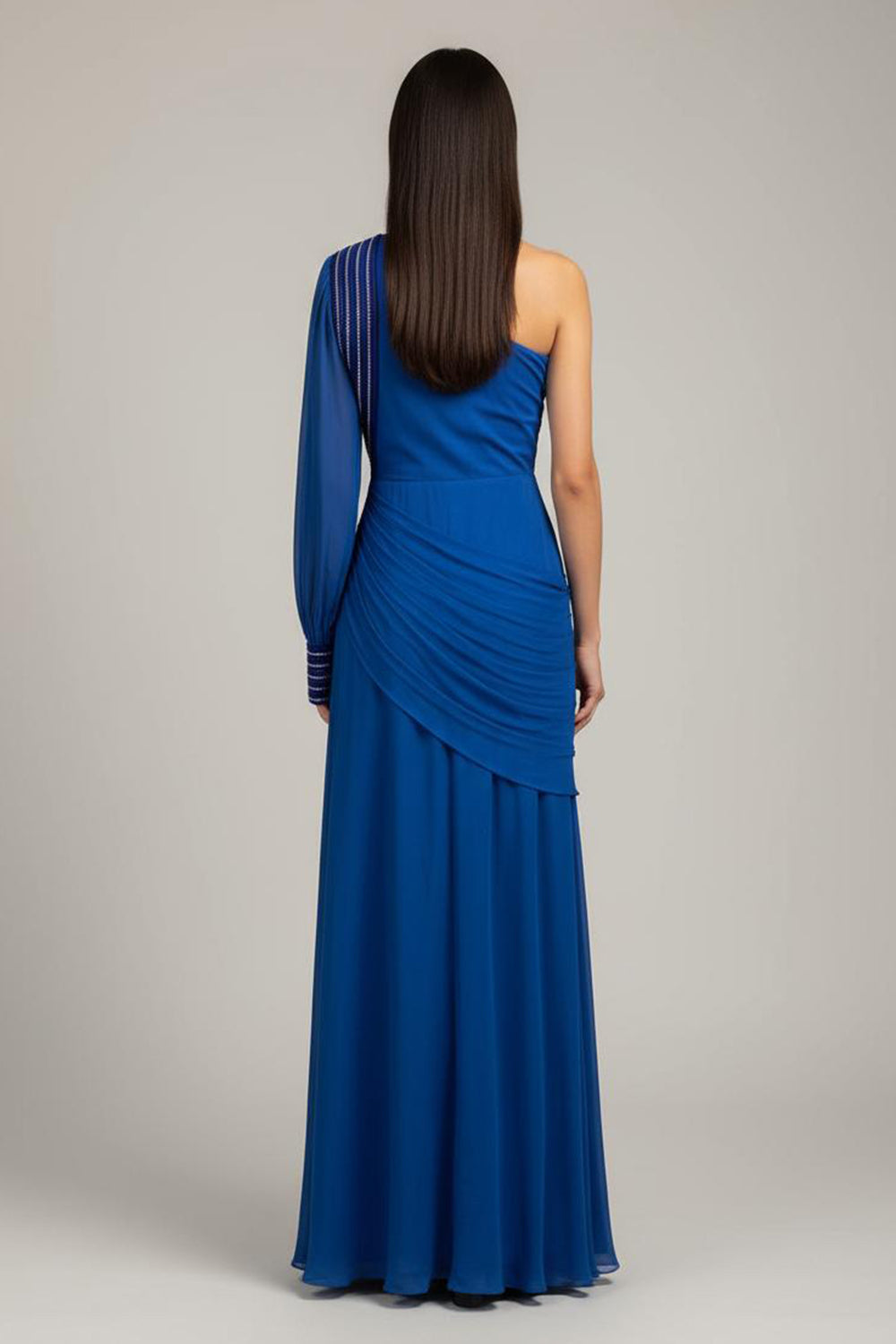 Royal Blue Embellished One Sleeve Gown with Drape Detail