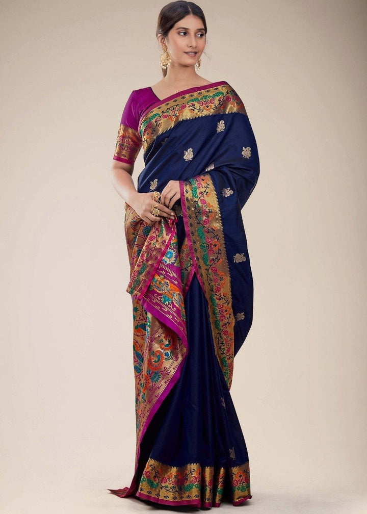 Royal Blue Woven Paithani Silk Saree | Stitched Blouse - qivii