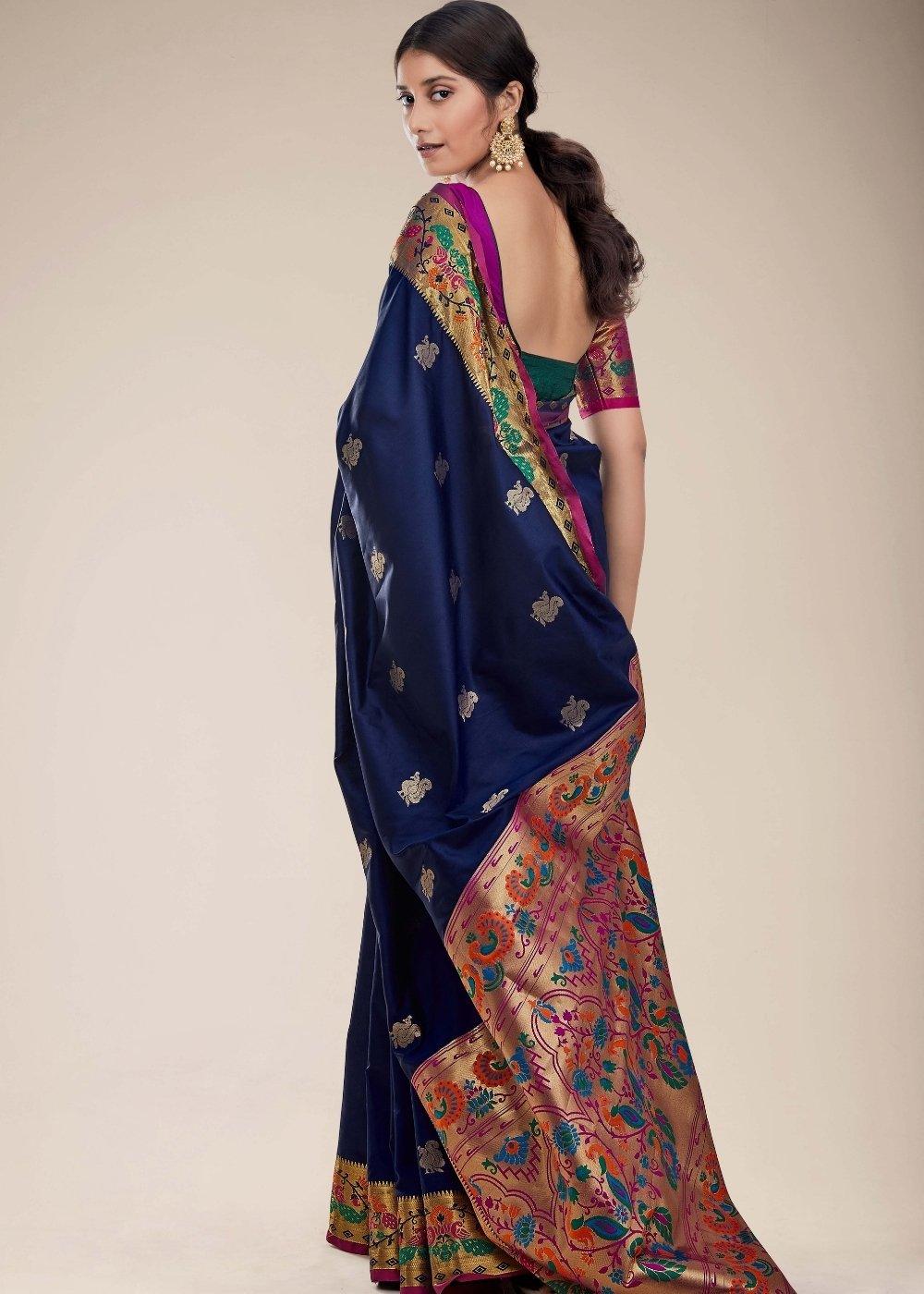 Royal Blue Woven Paithani Silk Saree | Stitched Blouse - qivii